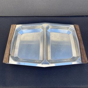 Mid Century Modern Denmark 18/8 Stainless Steel & Wood Dual Serving Tray